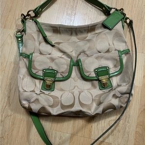 authentic coach Handbag Signature CC Logo Gold Green Canvas Shoulder handbag